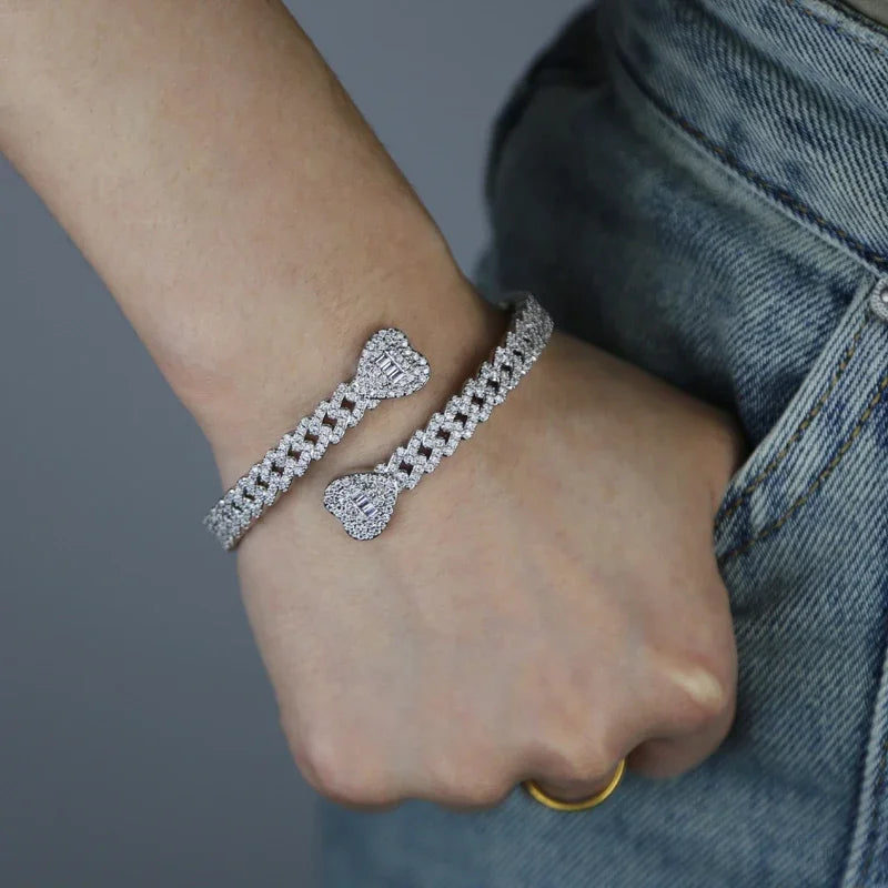 Iced Out Cuff Bangle Paved Setting Bling Cz Cubic Zirconia Wrist Cuban Chain Link Bracelets Fashion Hip Hop Jewelry for Women