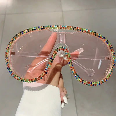 Pilot Sunglasses Women For Female Luxury Brand Designer Oversized Sun Glasses Vintage Big Frame One Piece Diamond Crystal Shades
