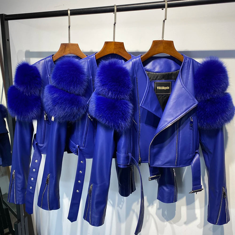 GO BALLISTIC YA Women Leather Jacket With Fur Sleeve Fashion Ladies Crop Jacket