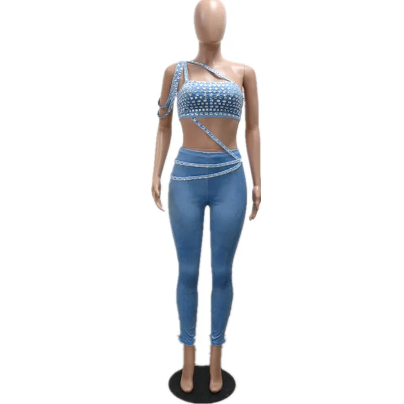 Joskaa Women Velvet 2 Piece Sets Sexy Diamonds Wrap Chest Tank Tops and Pencil Pants Match Winter Party Club Outfits Streetwear