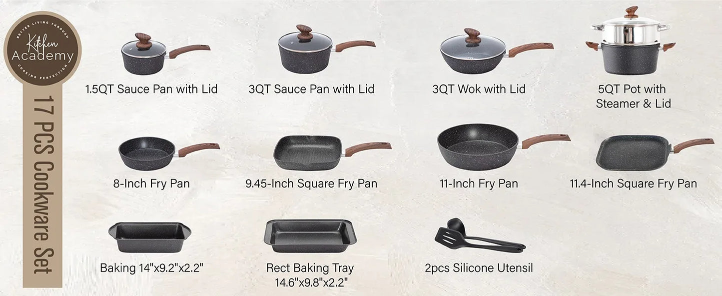 Induction Cookware Set-17 Piece Non-stick Cooking Pan Set, Granite Pots and Pans Set