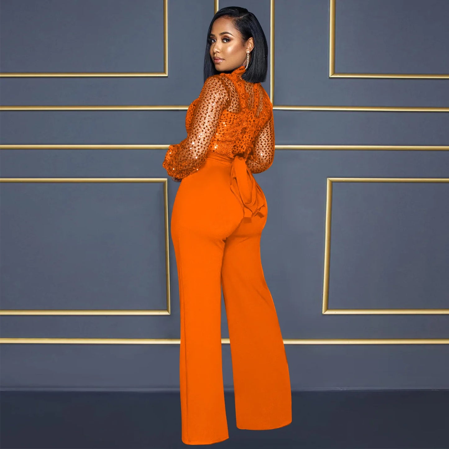 Fashion Women's Clothing Hollow Long-sleeved Loose Wide Leg Jumpsuits Overall Pants Solid Color Sexy Lace