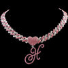 Hip Hop Bling Pink Crystal Cursive Initial Letter Cuban Necklace for Women Iced Out Paved Cuban Chain Necklace Choker Jewelry