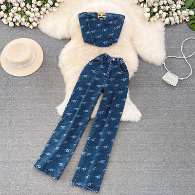 Two Piece Set Women Sleeveless Bandeau Tops Sexy Crop Shirt Button Pant Sets Straight Trousers Pockets Casual Matching Sets