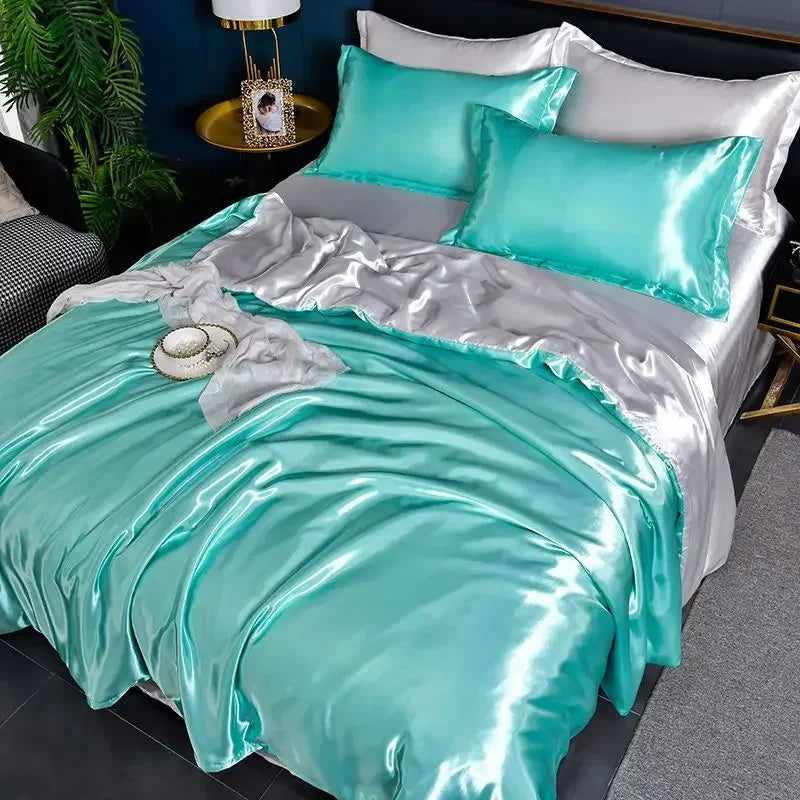 Nordic Satin Silk Bedding Set with Duvet Cover Bed Sheet Pillowcases Luxury Solid Single Double Couple Pillow Case Bedsheet