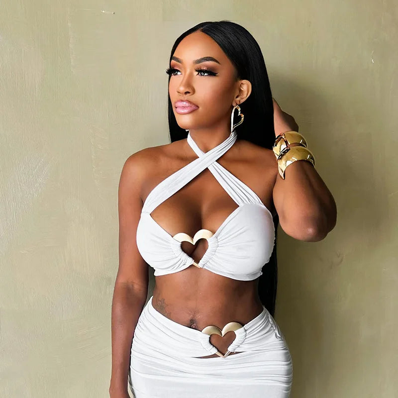 Sexy Metal Loving Heart 2 Piece Dresses Sets Halter Bandage Corset Tops and Mini Skirts Night Club Outfit White Black Streetwear