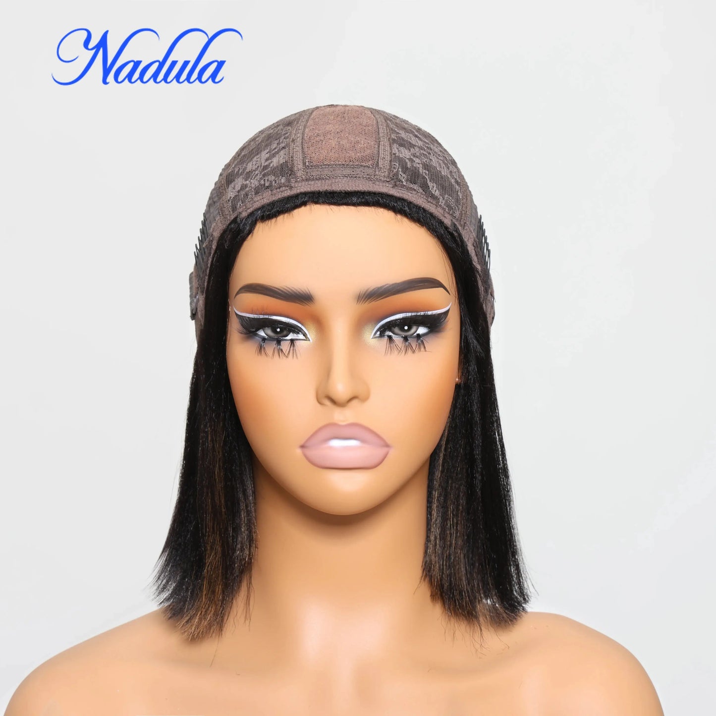 Nadula Hair Short Bob Wigs With Bangs Yaki Straight Short Bob Highlight Balayage Color Wig 4X2 T Part Lace 100% Human Hair Wigs