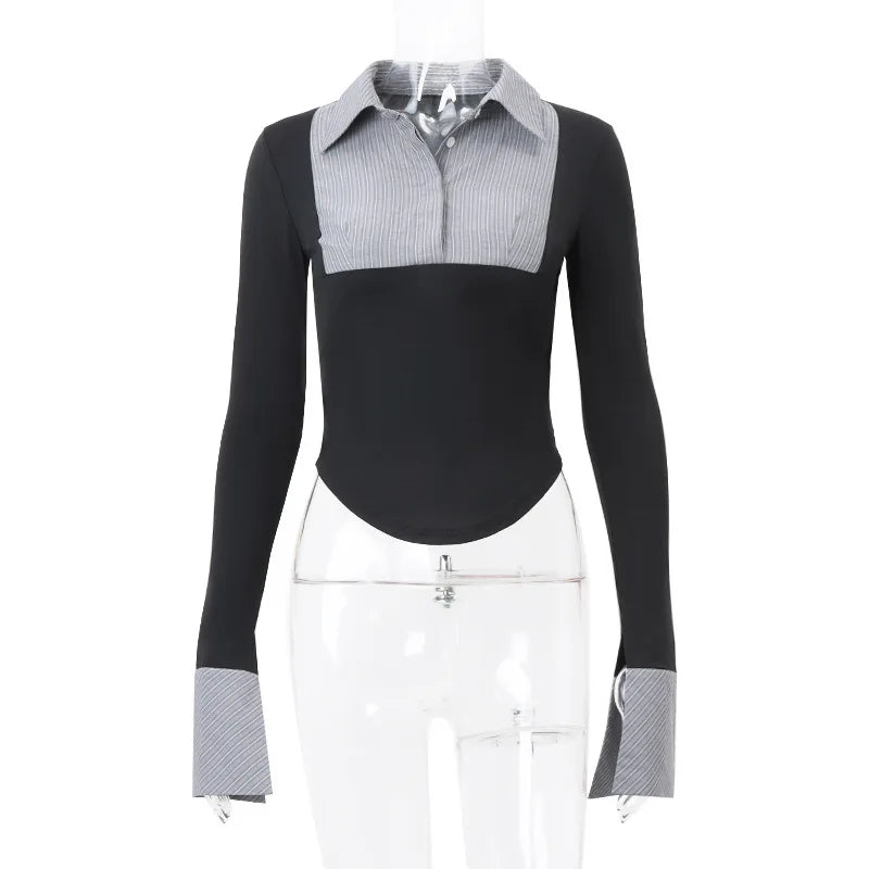 HLJ&GG Fashion Stripe Patchwork Two Piece Sets For Women Preppy Style Polo-neck Button Slim Shirts + Pleated Mini Skirts Outfits