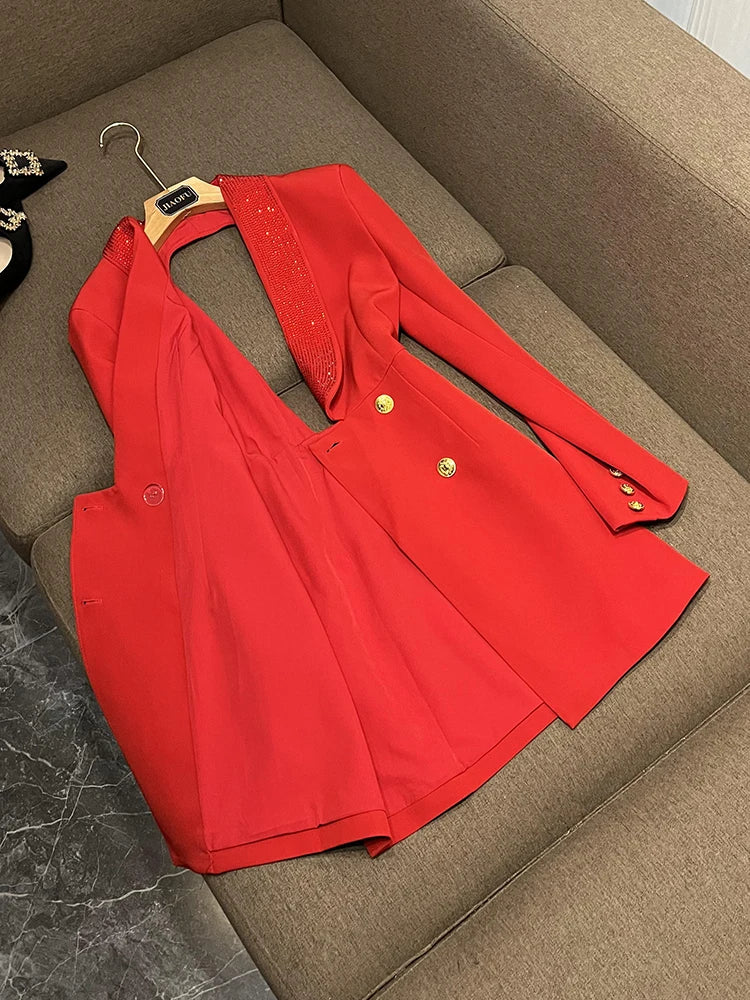 TWOTWINSTYLE Solid Hollow Out Blazer For Women Shawl Collar Long Sleeve Tunic Spliced Button Temperament Blazer Female KJA501707