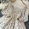 2024 New Summer Flower Print Long Dress Women Vintage Square Neck Ruched Chest Sash Bandage Sundress Party Vestidos