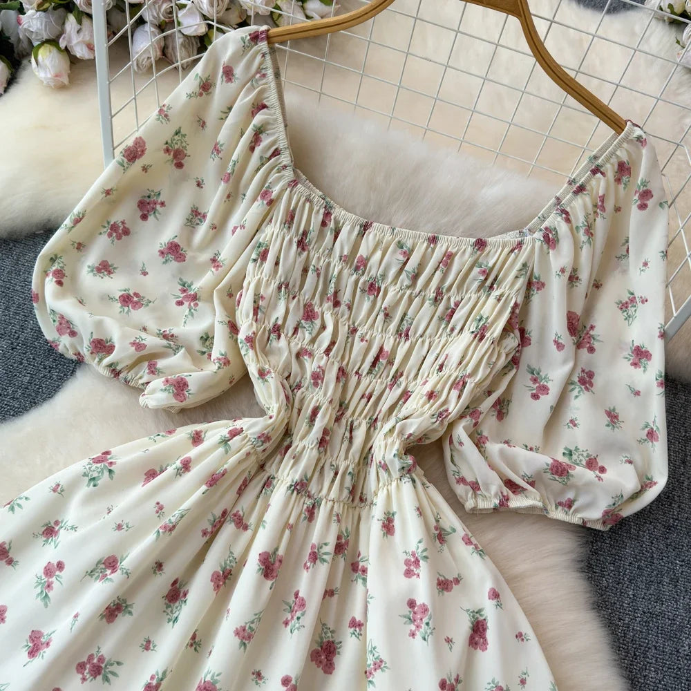 2024 New Summer Flower Print Long Dress Women Vintage Square Neck Ruched Chest Sash Bandage Sundress Party Vestidos