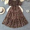 2024 New Summer Flower Print Long Dress Women Vintage Square Neck Ruched Chest Sash Bandage Sundress Party Vestidos