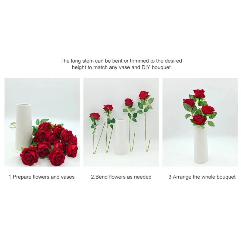 20 Pcs Artificial Velvet Silk Rose Flower Bouquet Real Looking Fake Roses Home Wedding Centerpieces Party Decorations