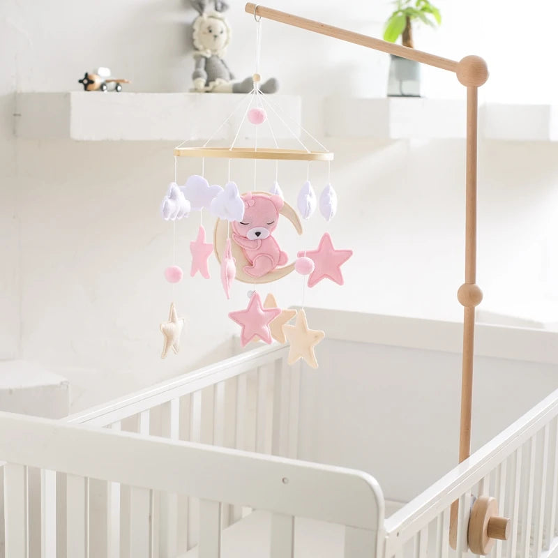 Baby Crib Mobile Rattle Toy 0-12Months Infant Soft Felt Teddy Velvet Pink Bear Bed Bell Hanging Toy Holder Bracket Crib Girl Toy