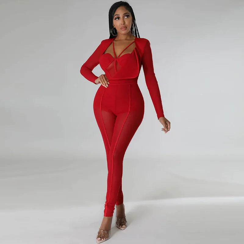 Sexy Mesh Patchwork Sheer Night Club Bodycon Jumpsuit for Women See Through One Piece Rompers Clubwear Party Birthday Outfits