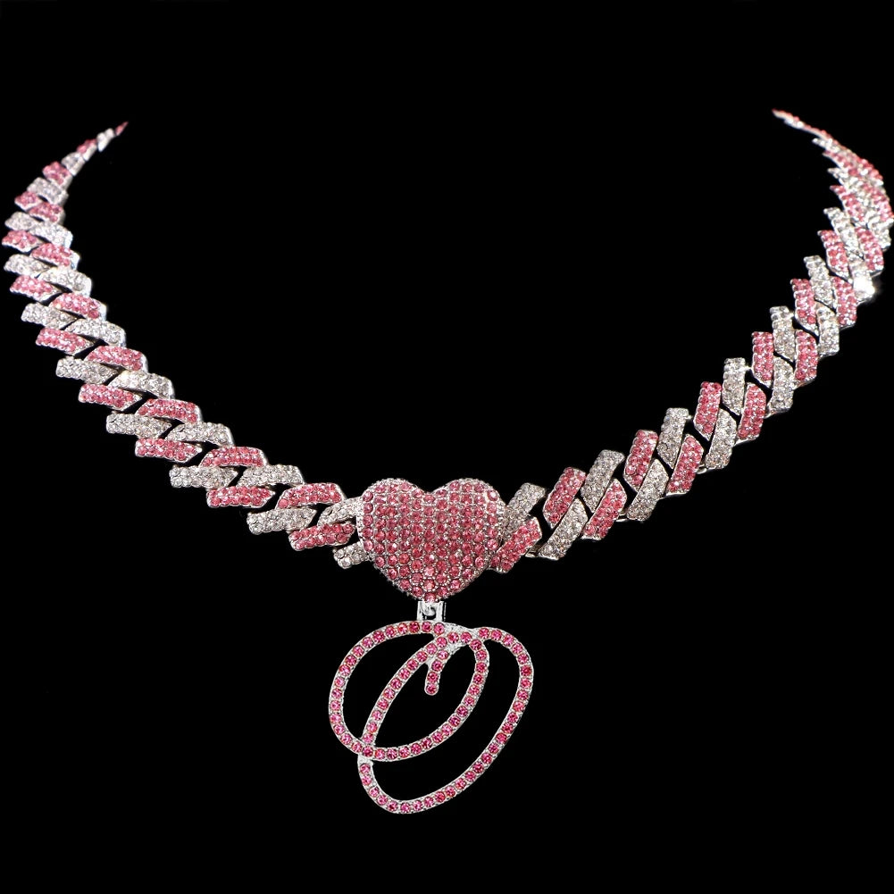Hip Hop Bling Pink Crystal Cursive Initial Letter Cuban Necklace for Women Iced Out Paved Cuban Chain Necklace Choker Jewelry