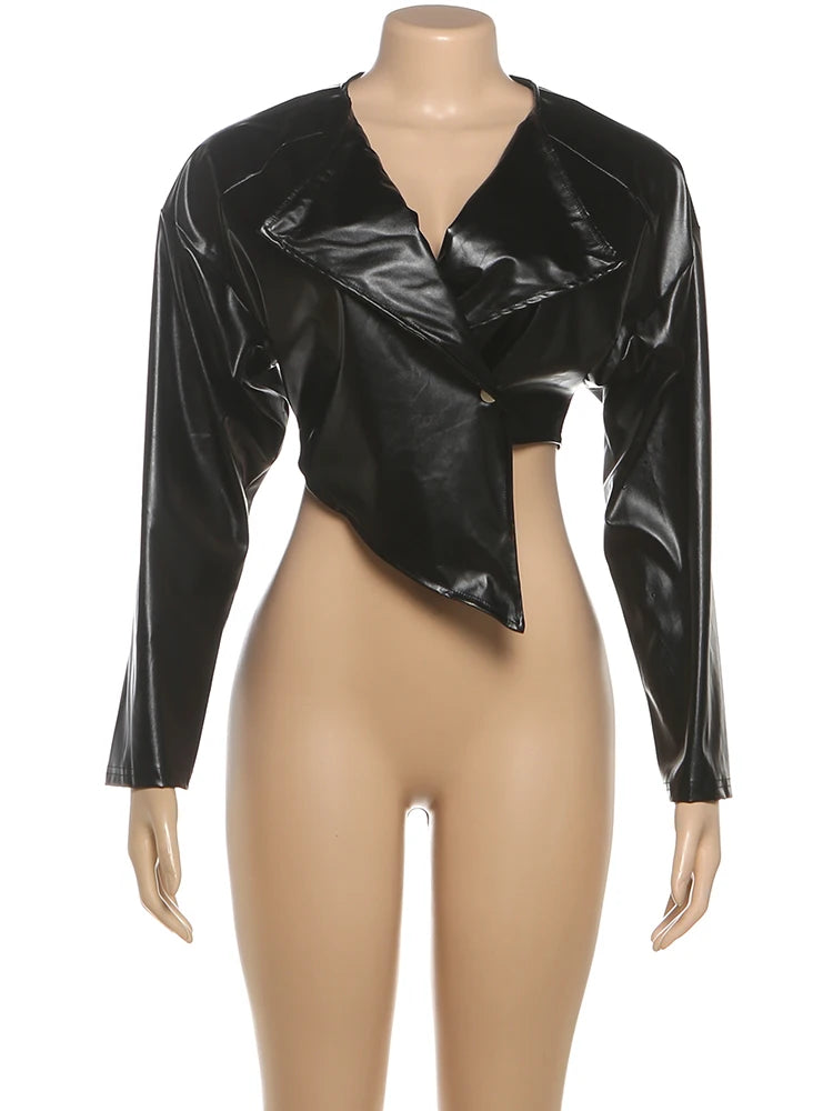 Sisterlinda Faux Leather Single Button Crop Jacket Women Autumn Trend Cross Neck Full Sleeve Wild Style Classic Streetwear Coat