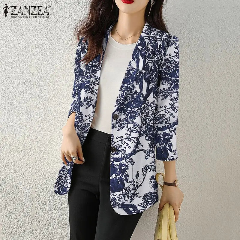 Women Autumn Blazer Retro Printed Coats Casual Long Sleeve Floral Outerwear ZANZEA Female Single Button Lapel Jackets Oversize