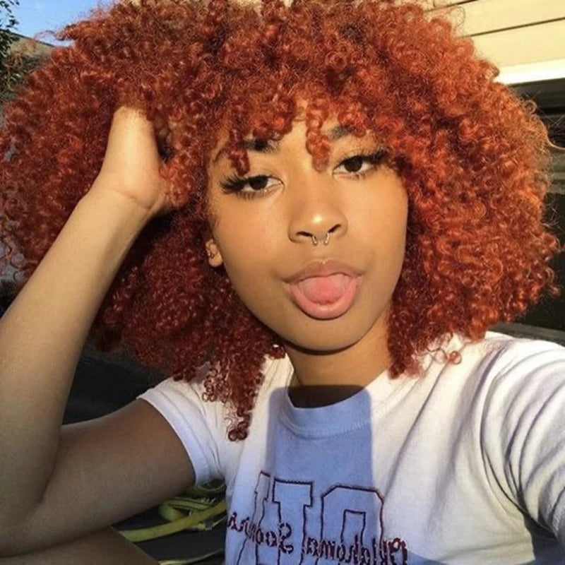 Orange Ginger Short Kinky Curly Wig with Bang Afro Curly Wig Human Hair No Lace Wigs With Bangs Honey Blonde Wig for Women