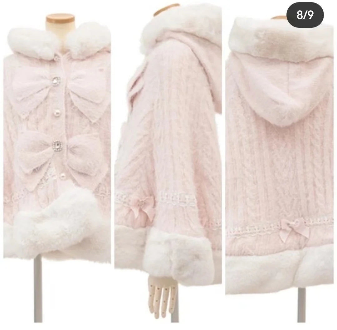 Japanese Liz Sweet Princess Faux Rabbit Fur Cape Coat Women Autumn Winter Fur Jacket Loose Clock Rhinestone Bow Hooded Coat