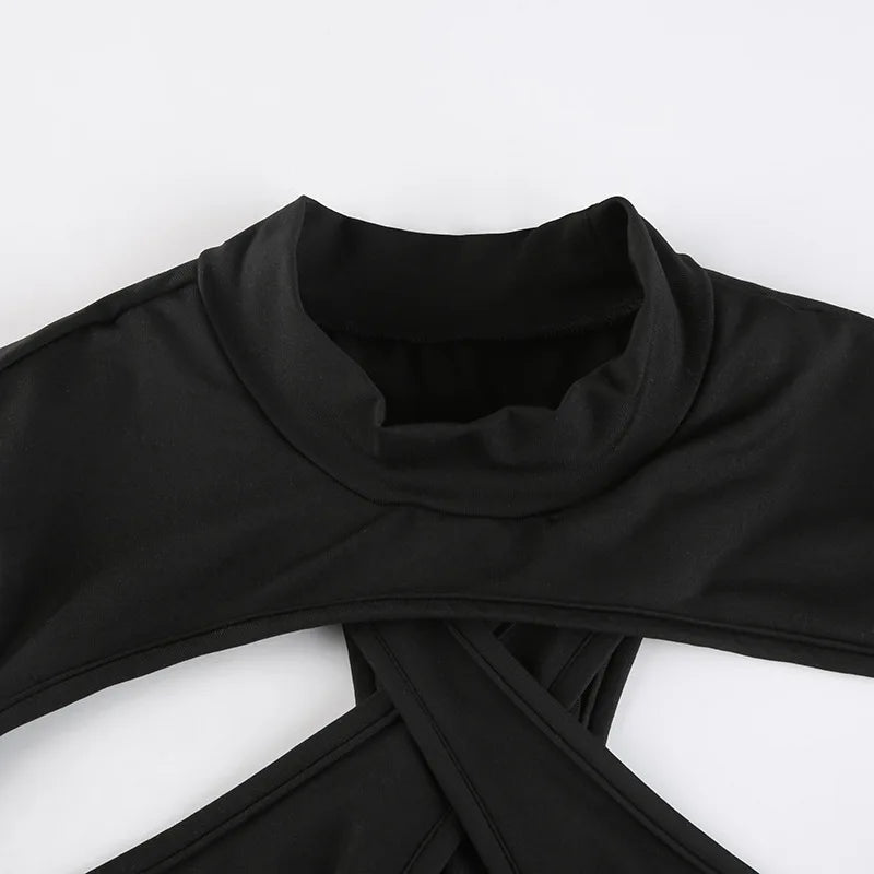 Goth Sexy Solid Color Jumpsuit Women Y2k Hollow Out Cyber Punk Long Sleeve Patchwork Bodysuit Streetwear Emo Alt Rave Outfit