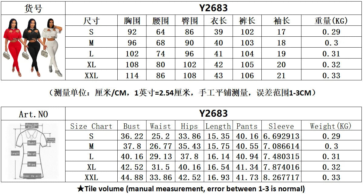 Spring Summer Fashion Solid Two Piece Set Women Sexy Perforated Round Neck Short Sleeve Top Tight Pants Casual Two Piece Set