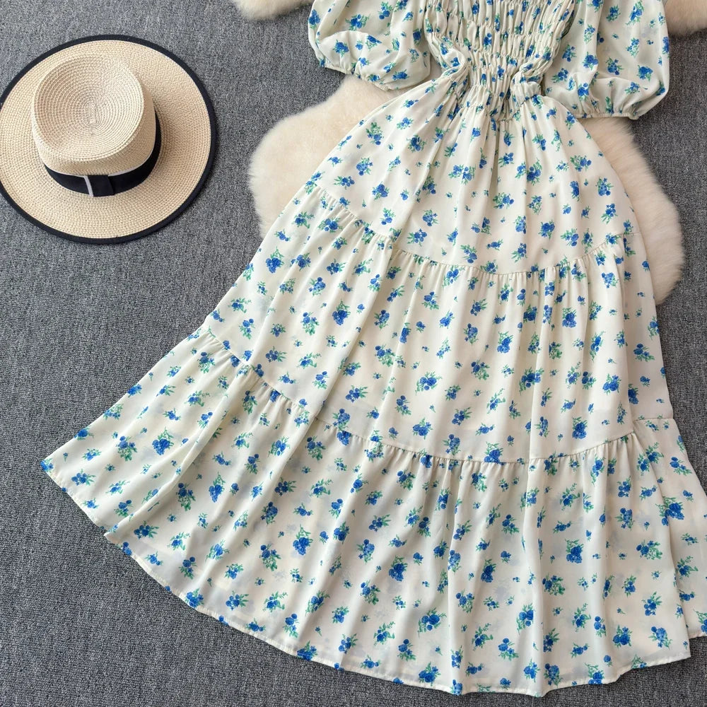 2024 New Summer Flower Print Long Dress Women Vintage Square Neck Ruched Chest Sash Bandage Sundress Party Vestidos