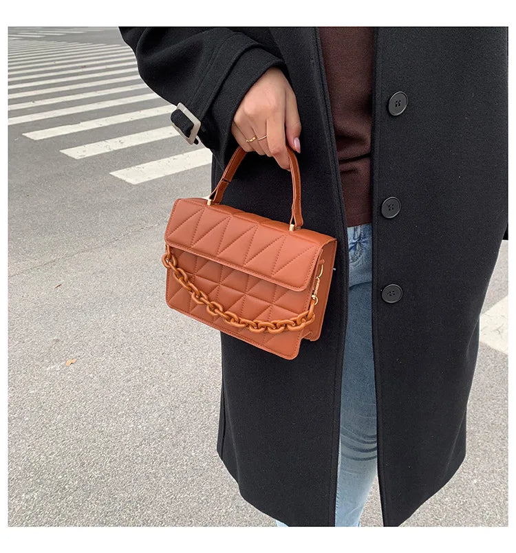 Solid Plaid Crossbody Bags For Women, Chain Decor Fashion Shoulder Bag Ladies Handbag For Daily Used