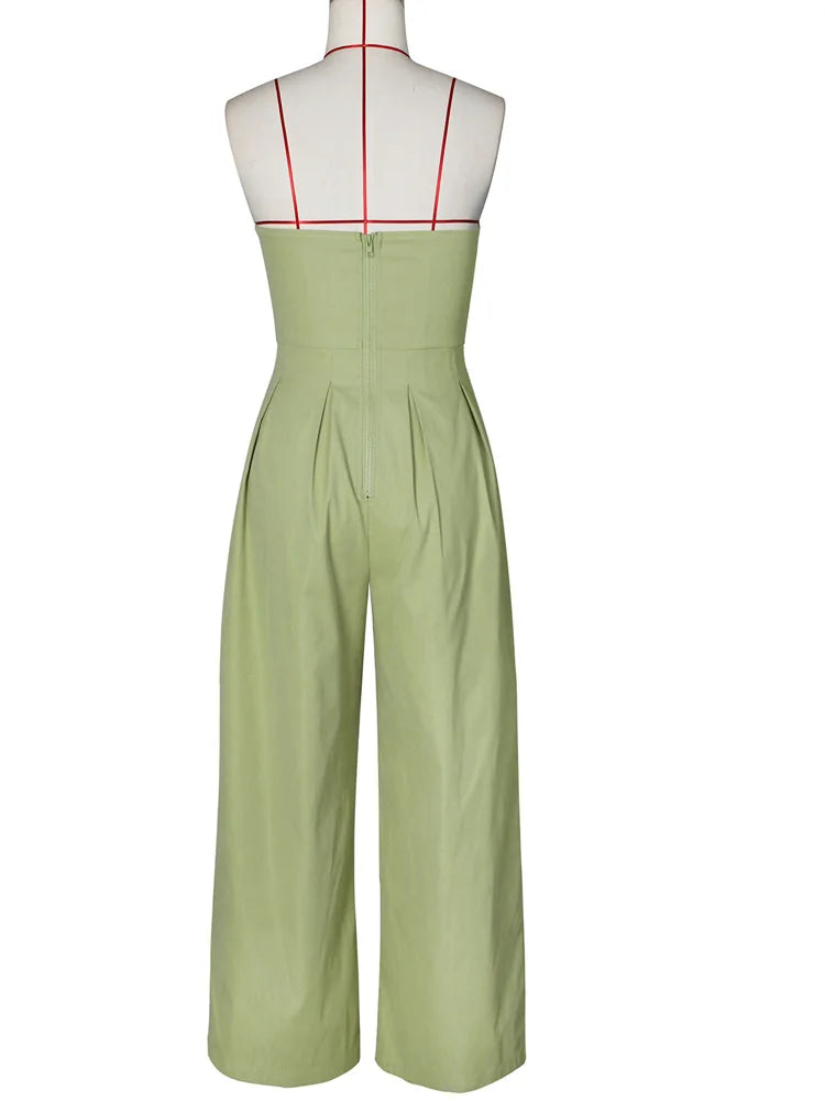 Beyprern New Chic Button Details Palazzo Jumpsuit One Piece Outfits Womens Ruched Strapless Wide Legs Jumpsuits Romper Clubwear