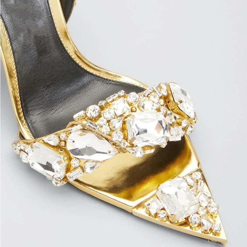 2024 Luxury Rhinestone Pointed Sandals Prom Super High Heel Sandals Slim Heel Dress Show Sandals Oversized 34-43 Women's Shoes