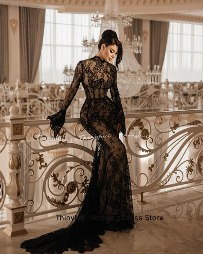 Thinyfull Mermaid Lace Arab Prom Dresses O-neck Full Sleeves Evening Gown 2025 Long Special Dress Robe De Soirée Customized