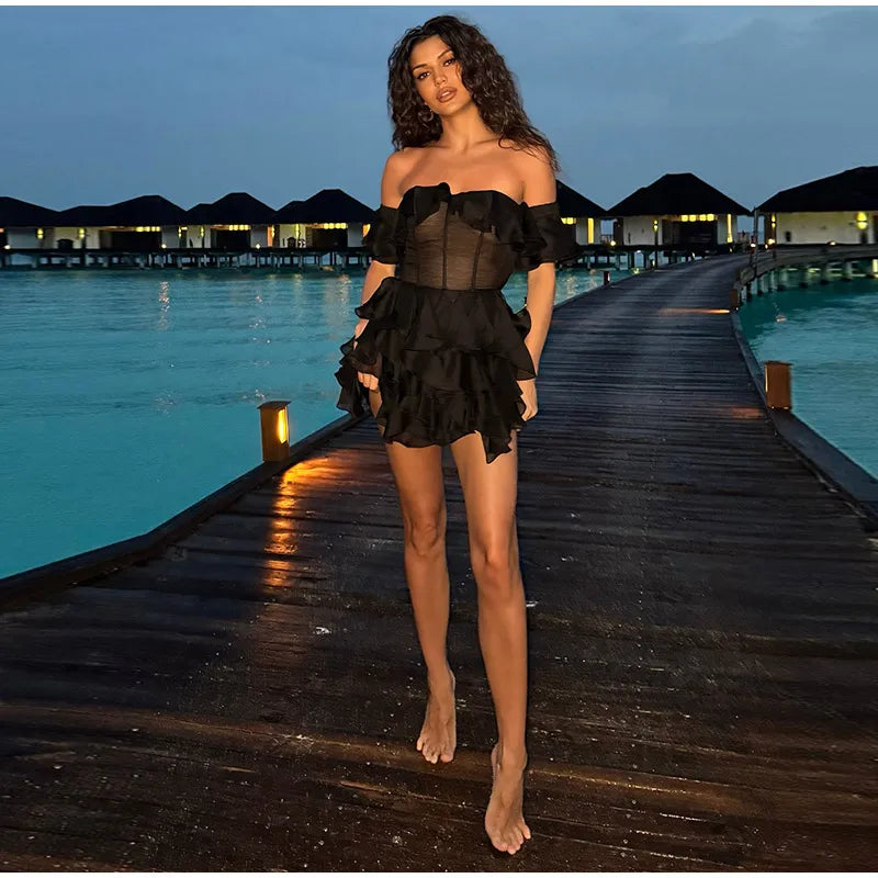 Chic Off-Shoulder Flounce Mesh Dress Woman Transparent Solid Color Layered Short Dresses Sexy Beach Vacation Women's Mini Dress