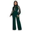 Fashion Women's Clothing Hollow Long-sleeved Loose Wide Leg Jumpsuits Overall Pants Solid Color Sexy Lace