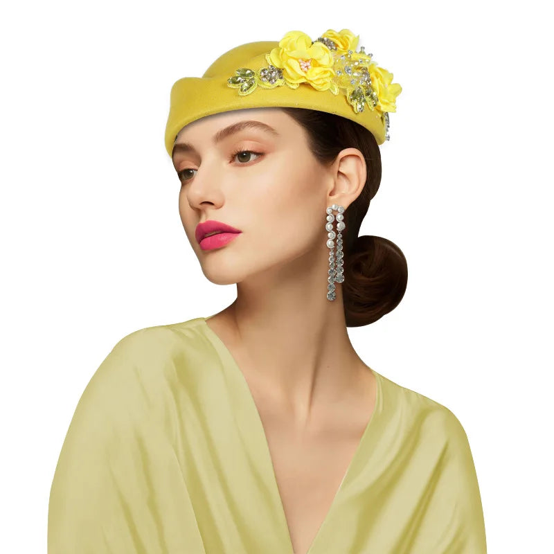 Elegant Felt Turban Hat Vintage Rhinestone Flower Church Beret Hat For Women Air Stewardess Party Cosplay Cap Costume Accessory