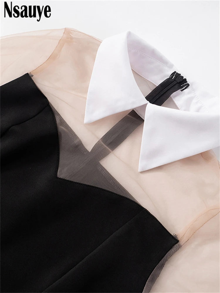 Nsauye Pullover Women Sexy Mesh See Through Turn Down Collar Night Club Dress Evening Party Summer Short Elegant Fashion Dress