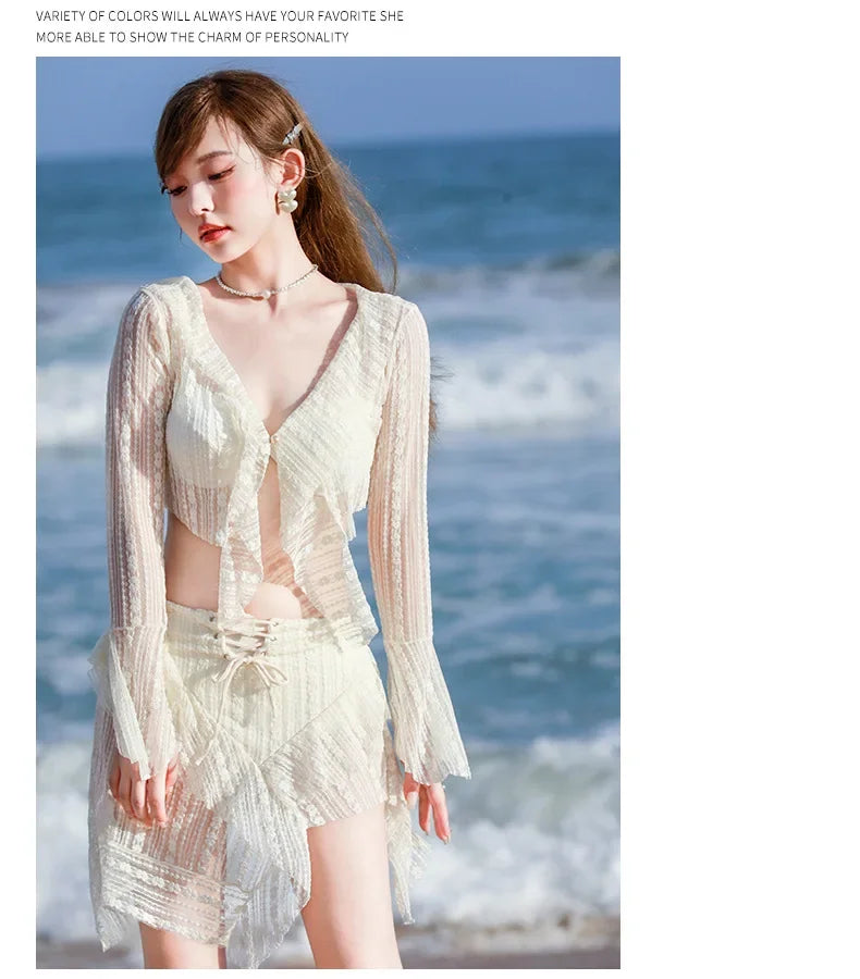 Bikini Sets Women Long Sleeve Irregular Three Pieces Lace-up Summer Sun-proof Vintage European Style Sexy Swimwear Beach Outfit
