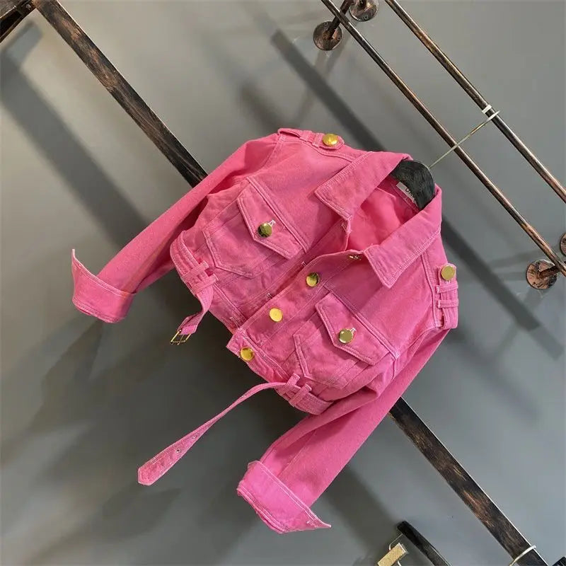 Girls' Rose Red Denim Jacket Spring and Autumn New Collection Solid Color Collar Metal Buckle Children's Fashion Short Coat