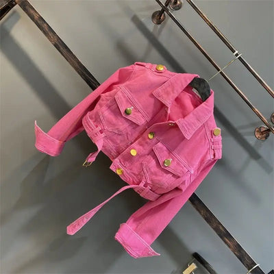 Girls' Rose Red Denim Jacket Spring and Autumn New Collection Solid Color Collar Metal Buckle Children's Fashion Short Coat