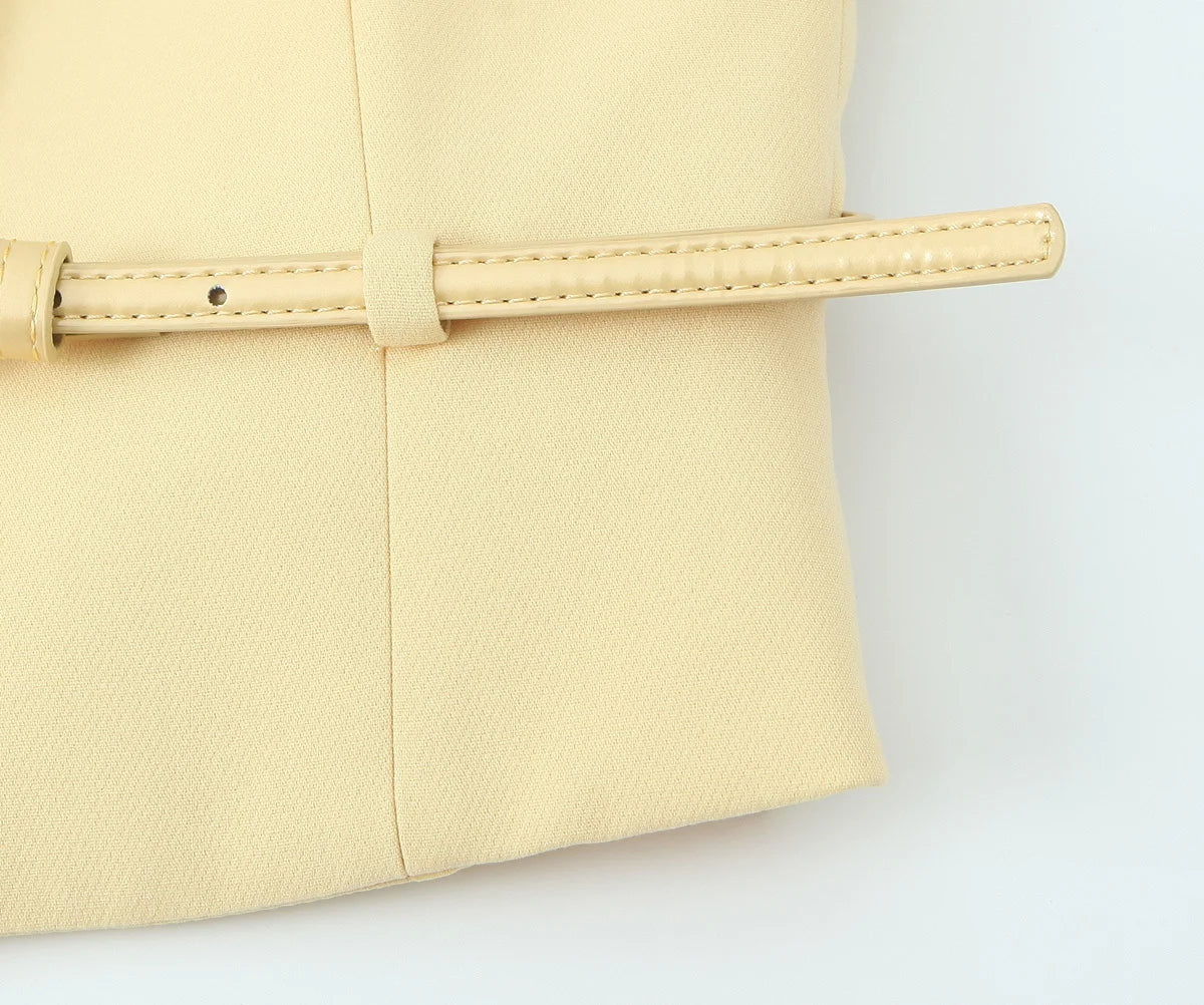 TRAFZA Women Fashion Suit Yellow V-Neck Sleeveless Belt Sngle Breasted Tops+High Waist Pocket Belt Long Skirts Female Summer Set