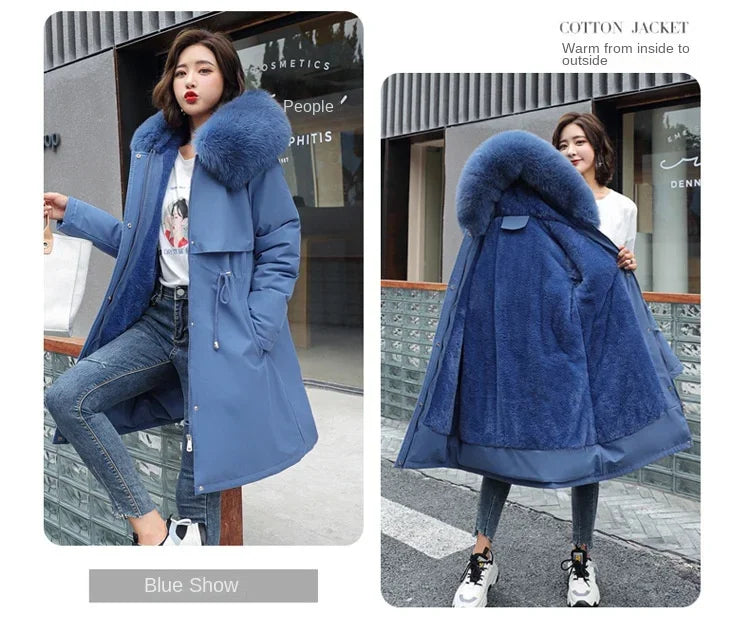 Winter Parka 2024 New Women Jacket Clothes Long Coat Wool Liner Hooded Jacket Fur Collar Thick Warm Snow Wear Fashion Parka