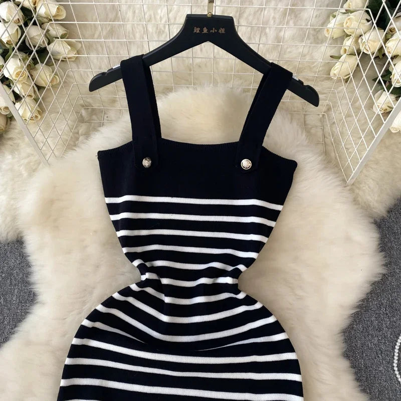 Striple 2024 Sexy Summer Knit Strap Dress Women Tank Elatic Waist Bodycon Sundress Female Beach  Backless Midi Dress