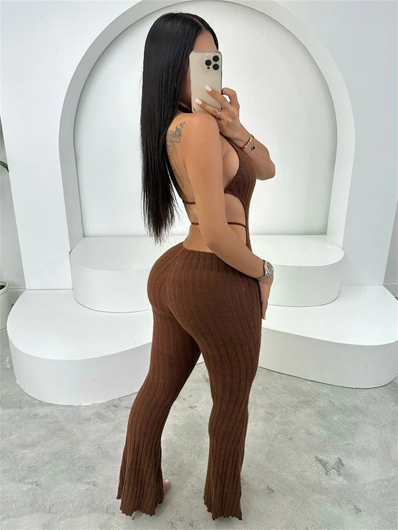 Women Knit Halter Bow Sleeveless Long Jumpsuits 2025 Summer Backless Sexy Outfits Night Club Party One Piece Rompers