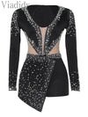 Women Sexy Rompers V-Neck Mesh Rhinestone Skinny Long Sleeve Playsuits