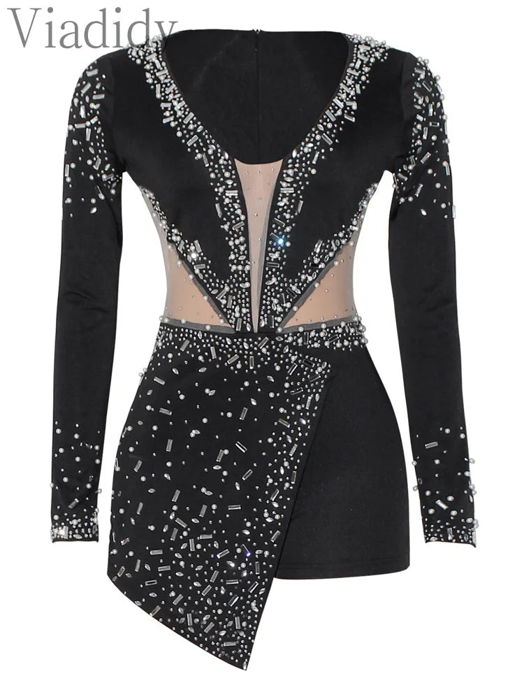Women Sexy Rompers V-Neck Mesh Rhinestone Skinny Long Sleeve Playsuits
