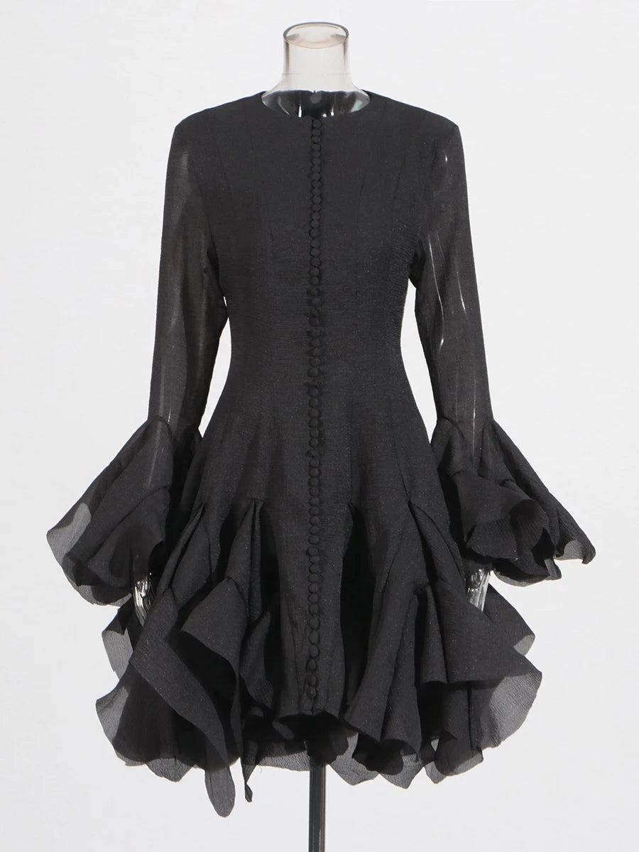 TWOTWINSTYLE Women's Dress Irregular Pleated Patchwork Fashion Long Lantern Sleeve Waist Cinching Mini Dresses 2024 New Clothing