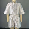 CM.YAYA Fashion Beading Women's Set 3/4 Sleeve Shirt Tops and Shorts Sets 2025 Summer Street Two 2 Piece Sets Outfits Tracksuit