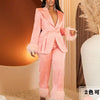 Wmstar Two Piece Set Women Turn Down Collar Feathers Patchwork Top and Pants Suit Matching Fall Clothes Wholesale Dropshpping