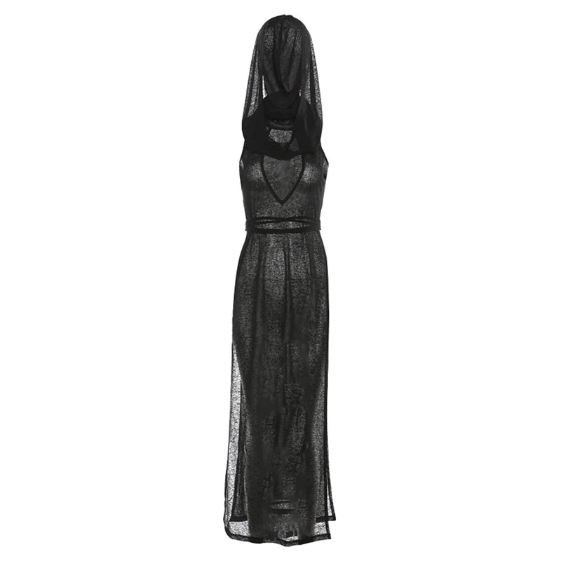 OMSJ Women Gothic 2024 Black Hooded Knitted High Split Long Dress Hollow Sexy See-through Straight Dress Festival Rave Club Wear