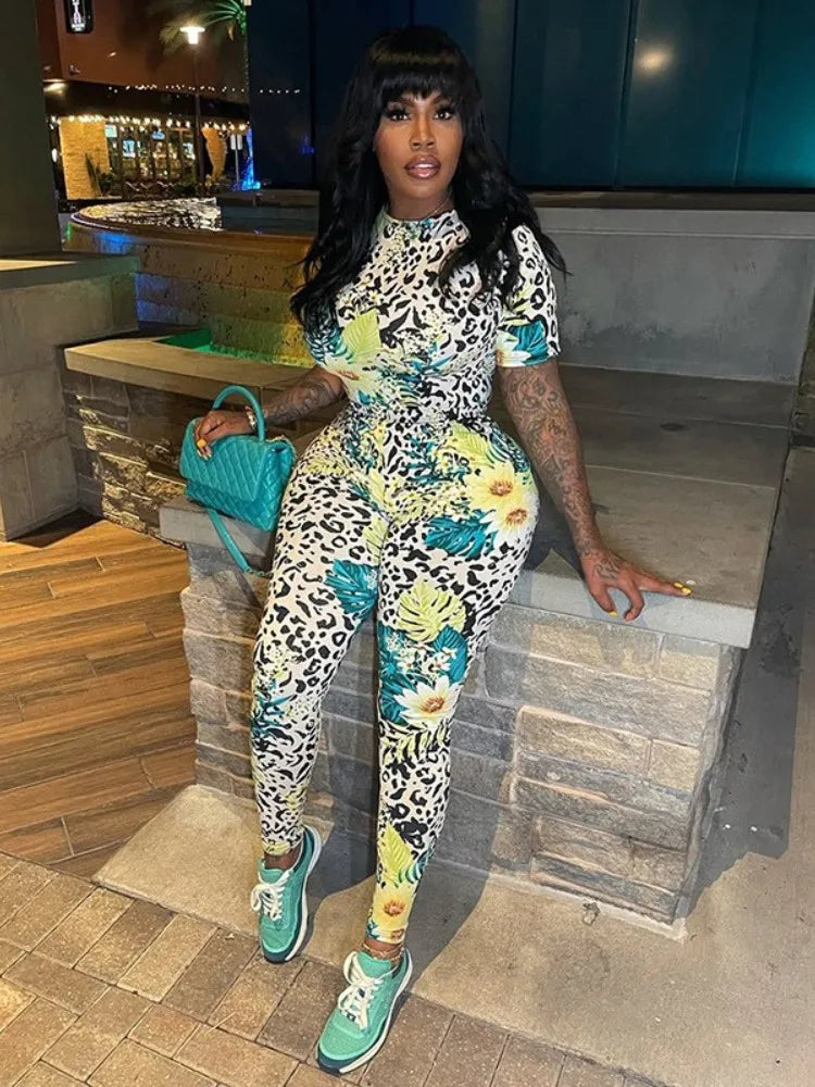 Joskaa Colorful Print Sporty Jumpsuit Women Hipster O-Neck Short Sleeve Skinny Rompers 2025 Summer Fashion Overalls Streetwear