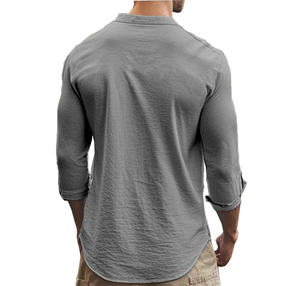 Spring and Summer Men's Shirt Cotton Linen Slim Casual Hawaii Solid Colour Basic Style Breathable Men's Versatile Tops